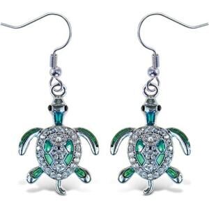 Sparkling Green Sea Turtle Drop Earrings Silver Tone Cute Ocean Animal Jewelry